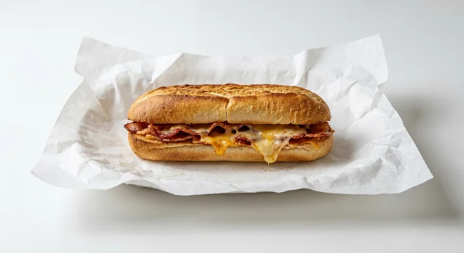 Subway Bacon and Cheese Toastie, toasted Italian white roll with crispy bacon and melted cheese on white paper, nutrition and calories