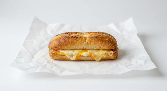 Subway Triple Cheese Toastie, toasted Italian white roll with three melted cheeses on white paper, nutrition and calories