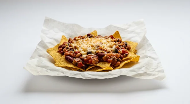 Subway 5 Bean Chilli Loaded Nachos, tortilla chips with five bean chilli and melted cheese on white paper, nutrition and calories