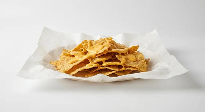 Subway Doritos Lightly Salted Nachos, tortilla chips with melted cheese sauce on white paper, nutrition and calories