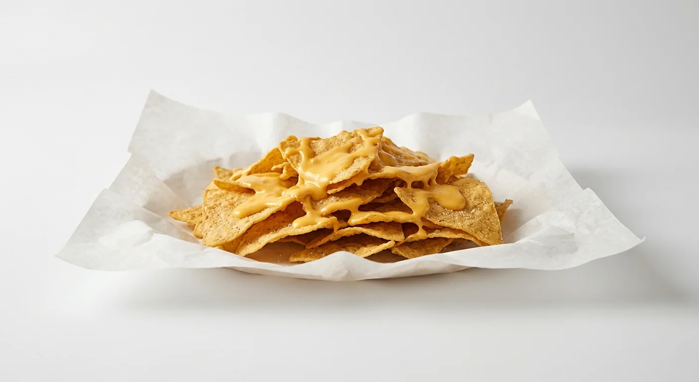 Subway Doritos Lightly Salted Nachos, tortilla chips with melted cheese sauce on white paper, nutrition and calories