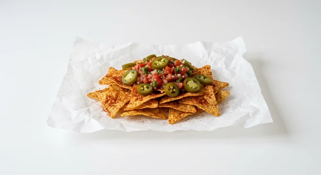 Subway Doritos Chilli Heatwave Nachos, chilli-dusted tortilla chips with tomato salsa and jalapeños on white paper, nutrition and calories