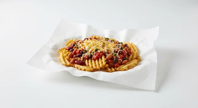 Subway 5 Bean Chilli Loaded Waffle Fries, waffle fries with five bean chilli and melted cheese on white paper, nutrition and calories