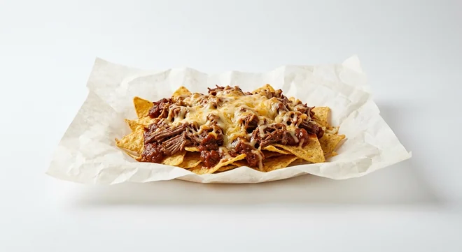 Subway Chilli Beef Brisket Loaded Nachos, tortilla chips with chilli beef brisket and melted cheese on white paper, nutrition and calories