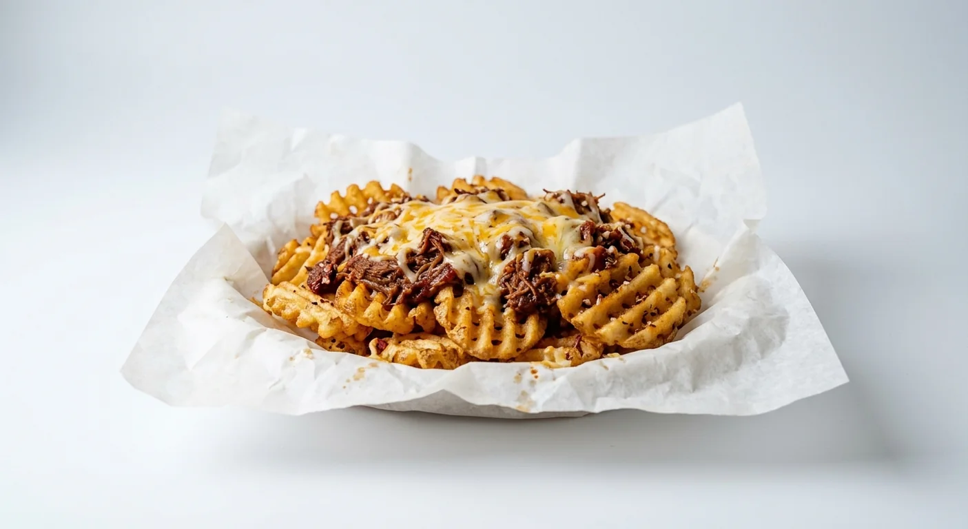 Subway Chilli Beef Brisket Loaded Waffle Fries, waffle fries with chilli beef brisket and melted cheese on white paper, nutrition and calories
