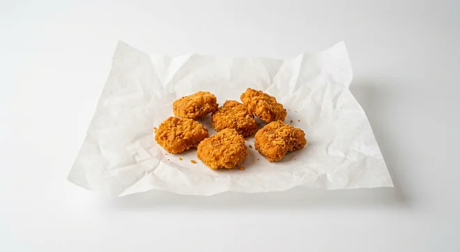 Subway Nacho Chicken Bites 6 Pieces, six breaded nacho chicken bites on white paper, nutrition and calories