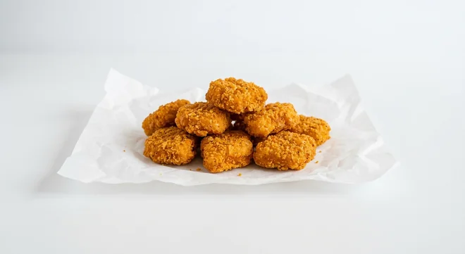 Subway Nacho Chicken Bites 9 Pieces, nine breaded nacho chicken bites on white paper, nutrition and calories
