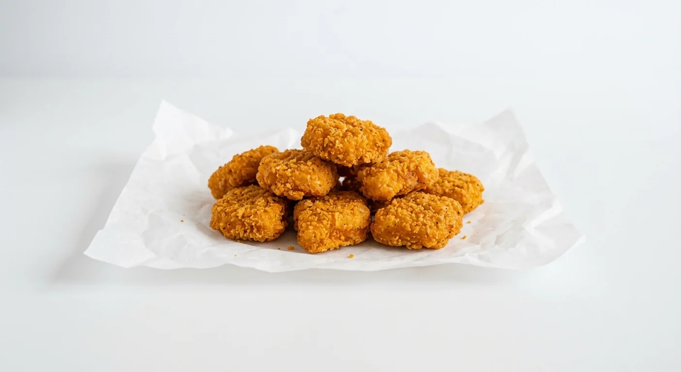 Subway Nacho Chicken Bites 9 Pieces, nine breaded nacho chicken bites on white paper, nutrition and calories