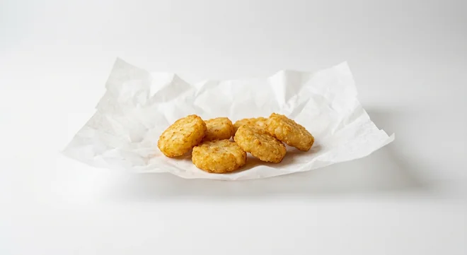 Subway Hash Browns 6 Pieces, six crispy golden hash brown pieces on white paper, nutrition and calories