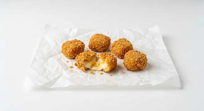 Subway Mozzarella and Cheddar Bites 5 Pieces, five breaded mozzarella and cheddar bites on white paper, nutrition and calories