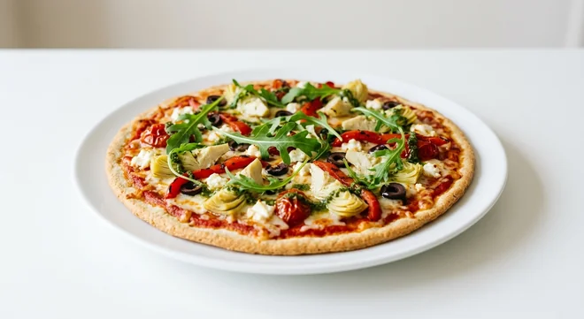 Zizzi Non-Gluten Primavera, round vegetarian gluten-free pizza with goat's cheese, artichokes, peppers, olives, sunblush tomatoes, pesto and rocket, nutrition and calories