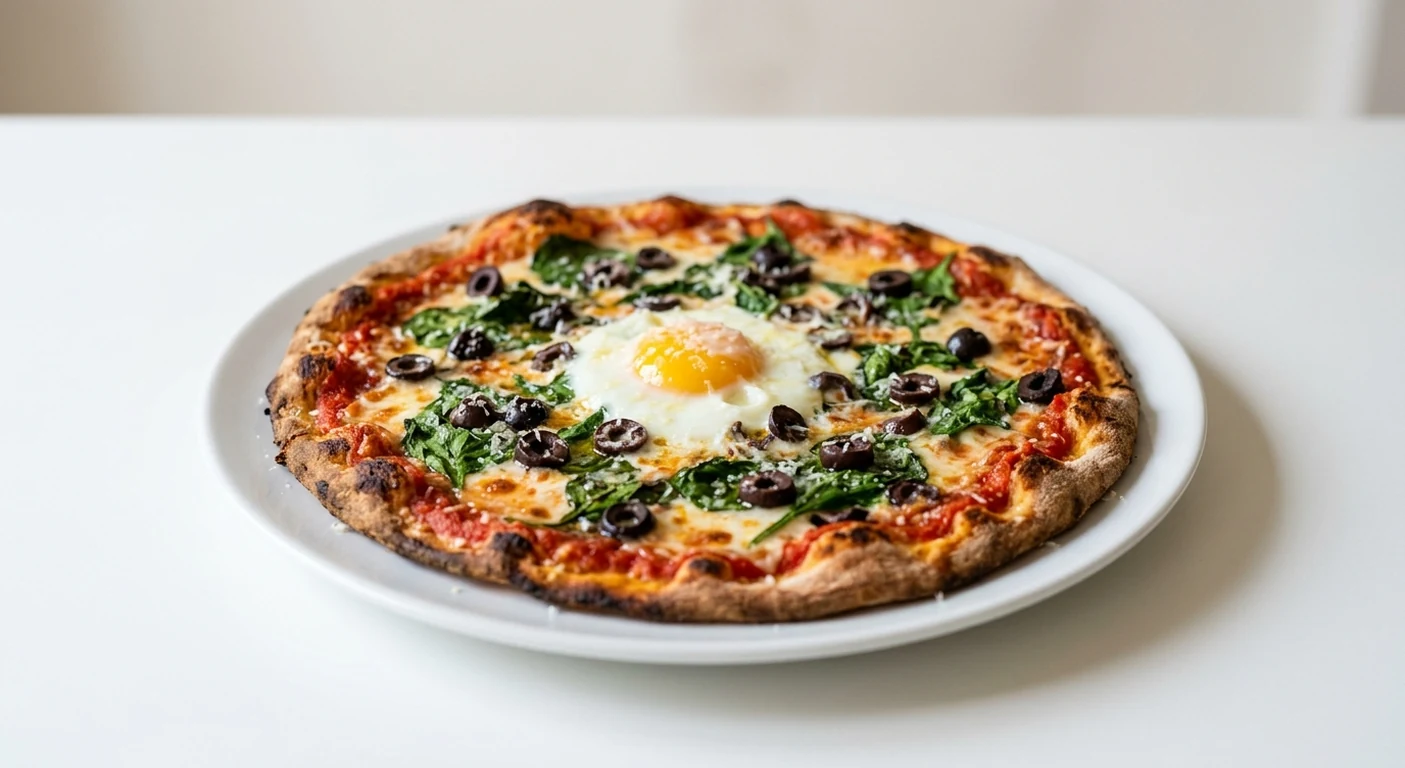 Pizza Express Fiorentina (Romana), large thin and crispy Romana pizza with spinach, a baked egg, black olives and mozzarella on a white plate, nutrition and calories