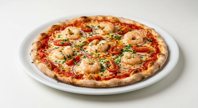 Pizza Express Garlic Prawn (Romana), large thin and crispy Romana pizza with garlic king prawns, red onion and baby plum tomatoes on a white plate, nutrition and calories