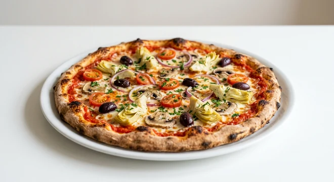 Pizza Express Giardiniera (Romana), large thin and crispy Romana pizza with artichokes, mushrooms, red onion, baby tomatoes and olives on a white plate, nutrition and calories