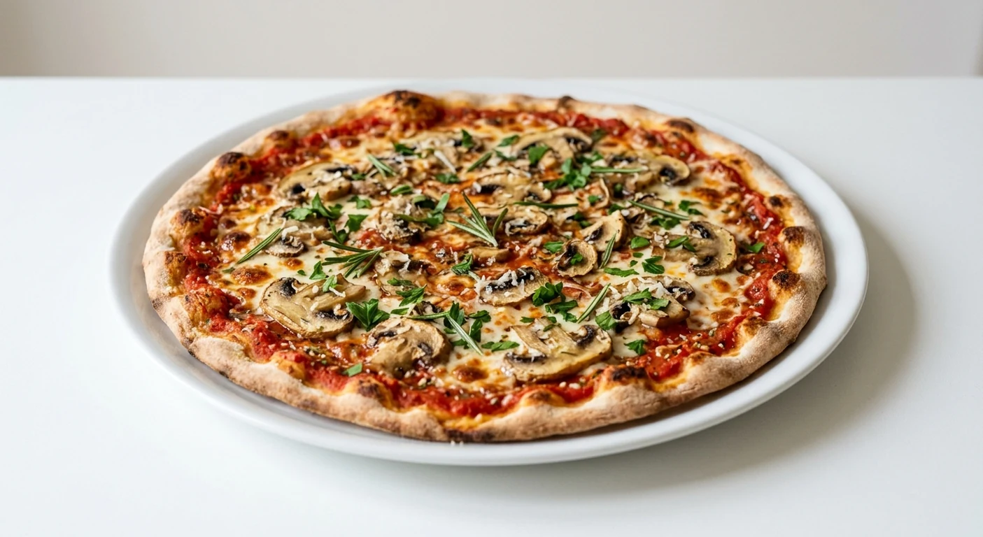 Pizza Express Funghi di Bosco (Romana), large thin and crispy Romana pizza with chestnut mushrooms, rosemary, parsley and mozzarella on a white plate, nutrition and calories