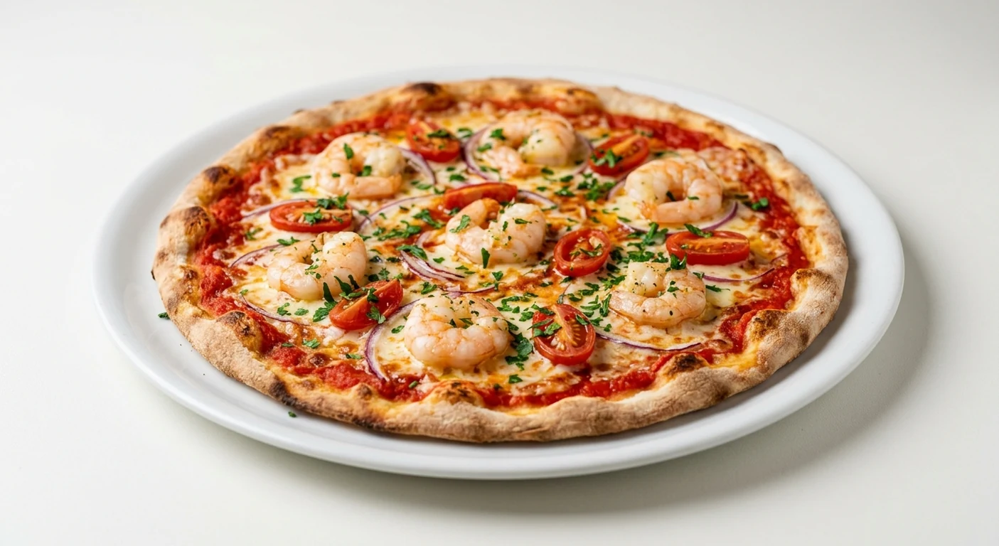 Pizza Express Garlic Prawn (Romana), large thin and crispy Romana pizza with garlic king prawns, red onion and baby plum tomatoes on a white plate, nutrition and calories