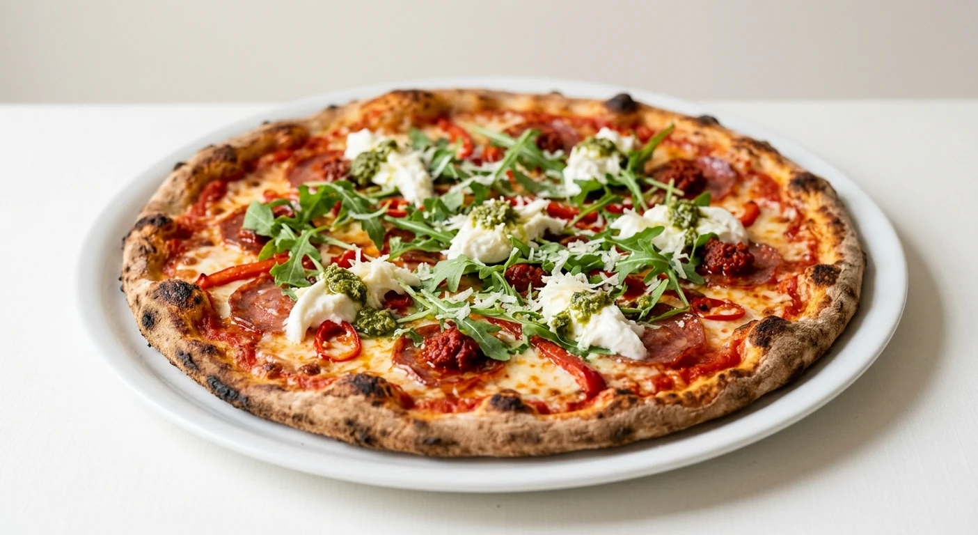 Pizza Express Calabrese (Romana), large thin and crispy Romana pizza with Calabrese sausage, 'nduja, roasted peppers, chilli, rocket, fresh mozzarella and pesto on a white plate, nutrition and calories