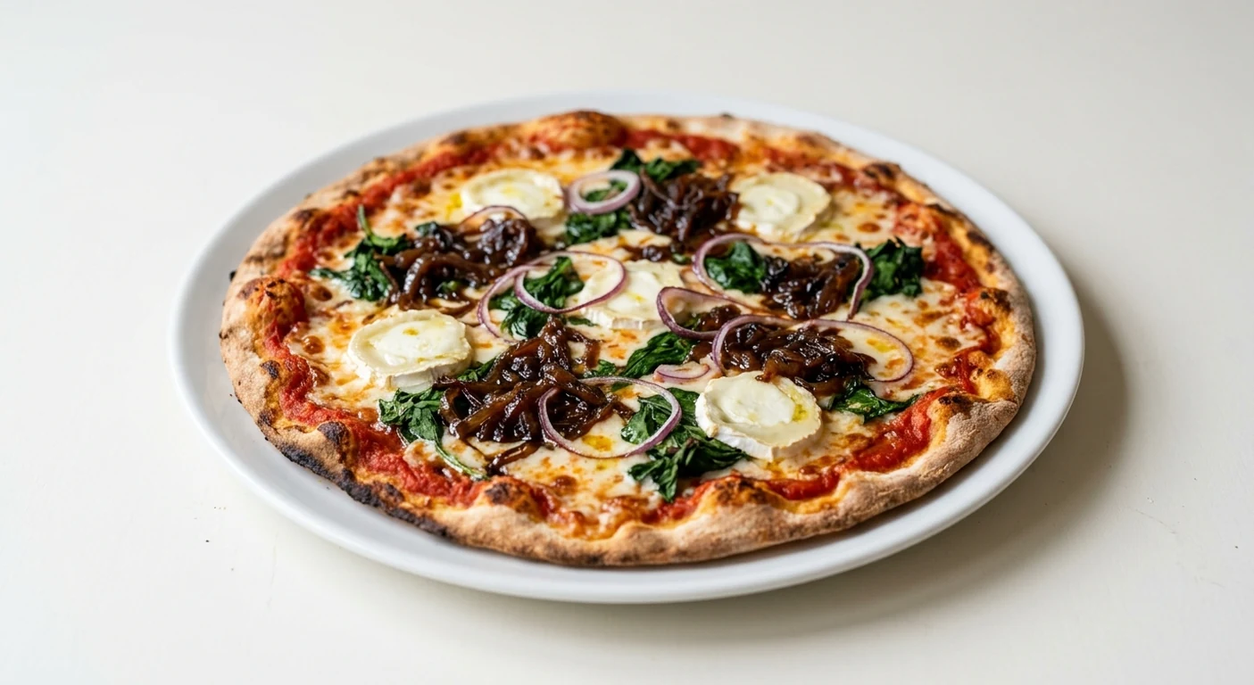 Pizza Express Padana (Romana), large thin and crispy Romana pizza with goat's cheese, caramelised onions, spinach and red onion on a white plate, nutrition and calories