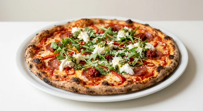 Pizza Express Calabrese (Romana), large thin and crispy Romana pizza with Calabrese sausage, 'nduja, roasted peppers, chilli, rocket, fresh mozzarella and pesto on a white plate, nutrition and calories