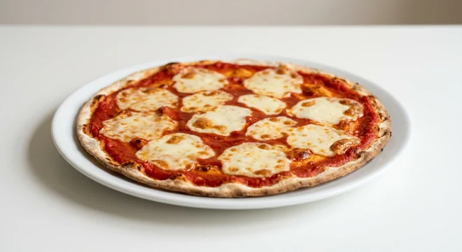 Pizza Express Vegan Margherita (Romana), large thin and crispy Romana pizza with tomato and vegan mozzarella alternative on a white plate, nutrition and calories