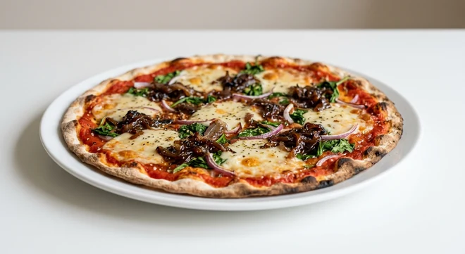 Pizza Express Vegan Padana (Romana), large thin and crispy Romana pizza with caramelised onions, spinach, red onion and vegan mozzarella alternative on a white plate, nutrition and calories