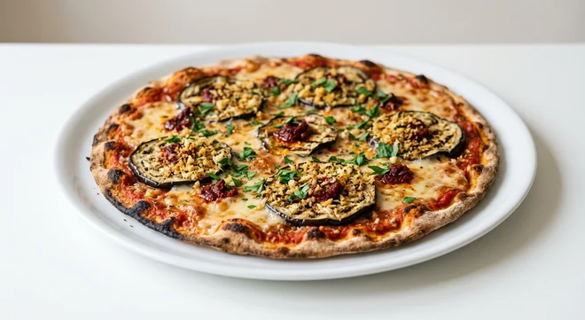 Pizza Express Vegan Harissa Melanzane (Romana), large thin and crispy Romana pizza with char-grilled aubergine, harissa, garlic and rosemary breadcrumbs and vegan mozzarella alternative on a white plate, nutrition and calories