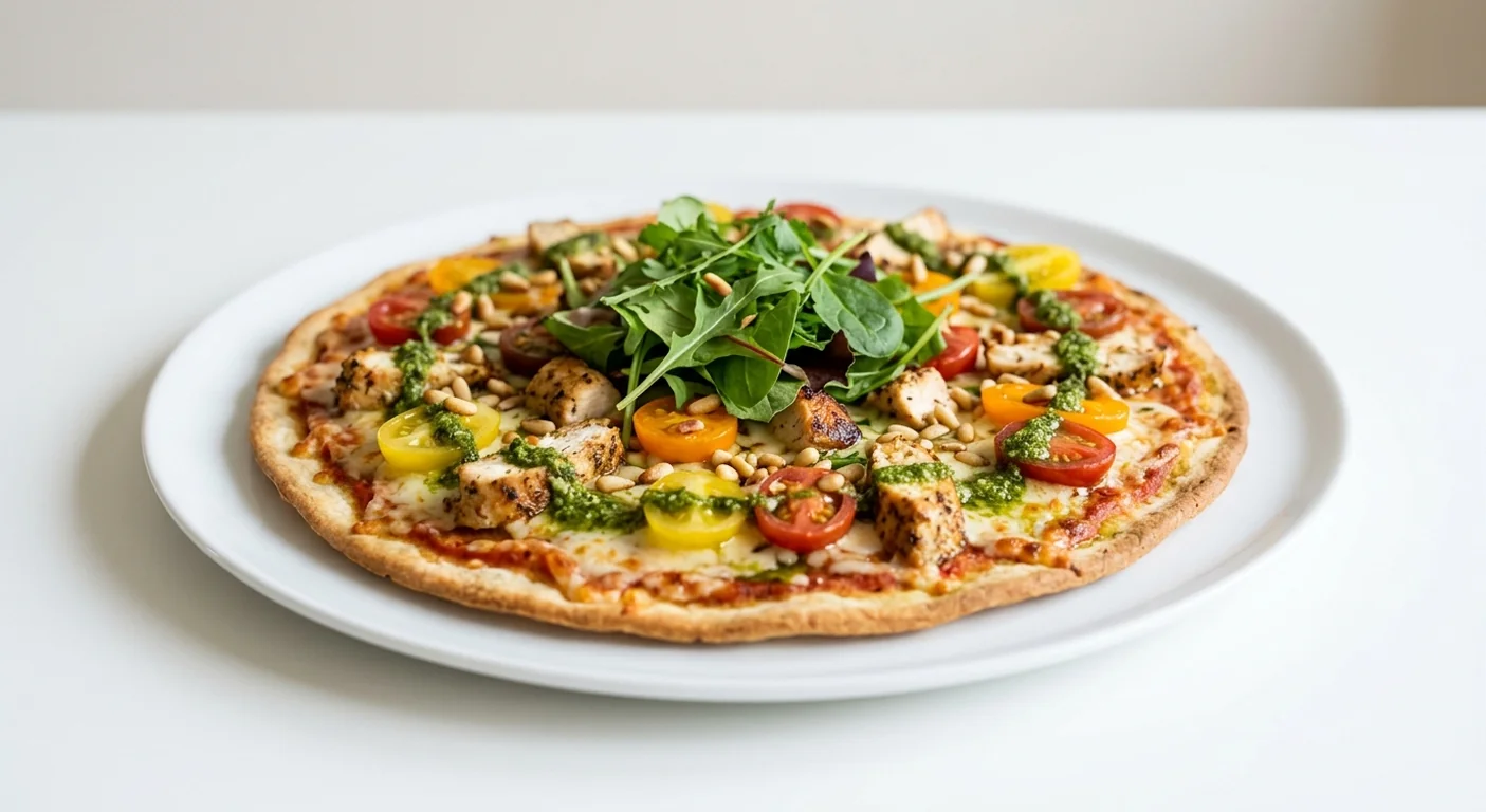 Zizzi Non-Gluten Roast Pollo & Pesto, round gluten-free pizza topped with roast chicken, pesto, pine nuts, heritage tomatoes and fresh leaves, nutrition and calories