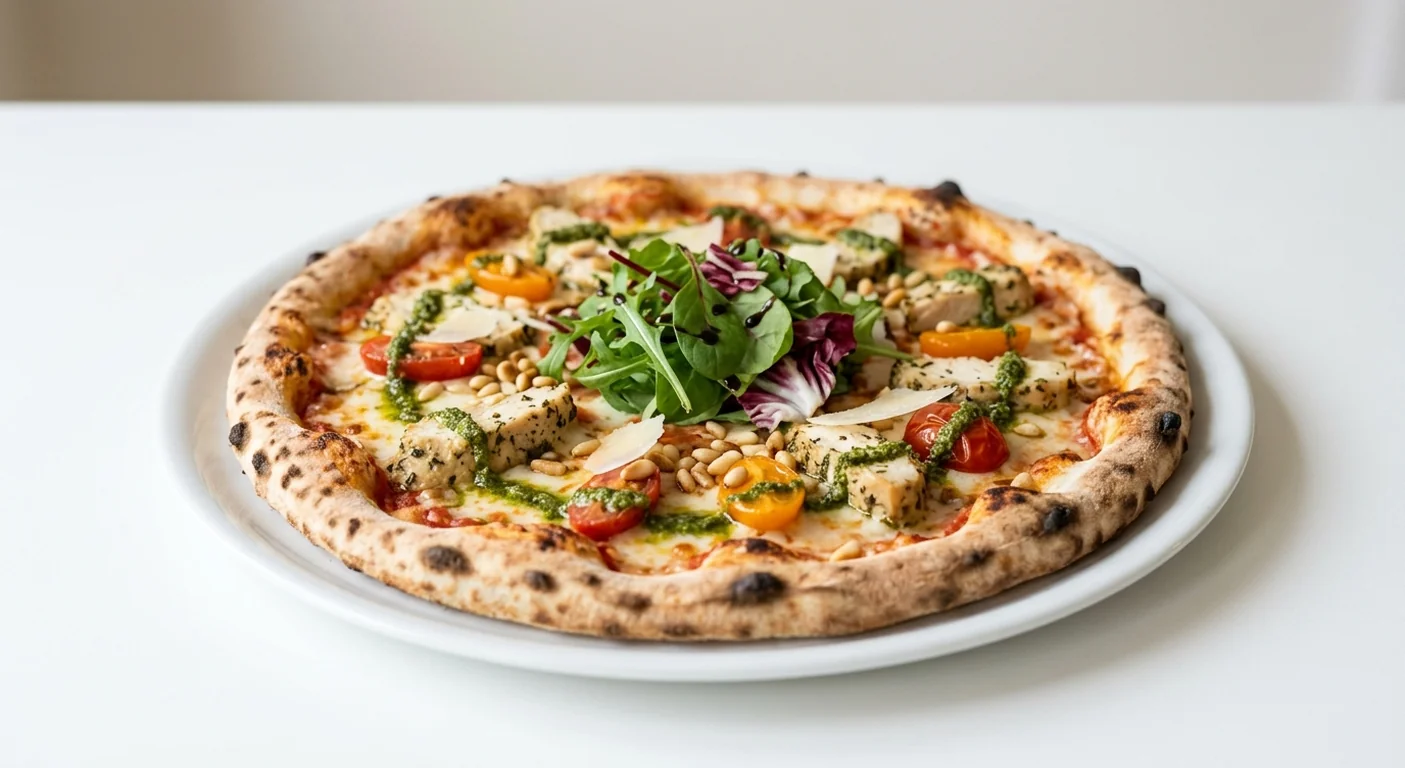 Zizzi Pollo & Pesto, round pizza topped with roast chicken, pesto, pine nuts, baby plum tomatoes and fresh leaves, nutrition and calories