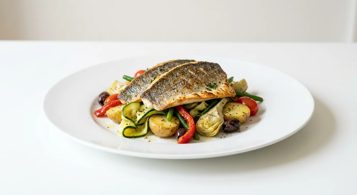 Zizzi Mediterranean Sea Bass, pan-fried sea bass with baby potatoes, green beans, artichokes, peppers, tomatoes and olives, nutrition and calories