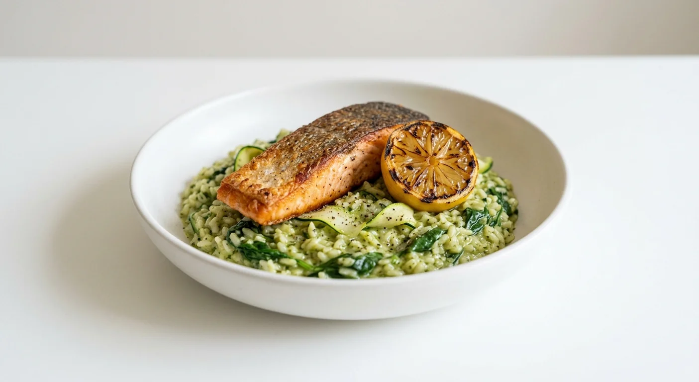 Zizzi Salmon & Pesto Risotto, pesto risotto with spinach and courgette ribbons topped with pan-fried salmon and charred lemon, nutrition and calories