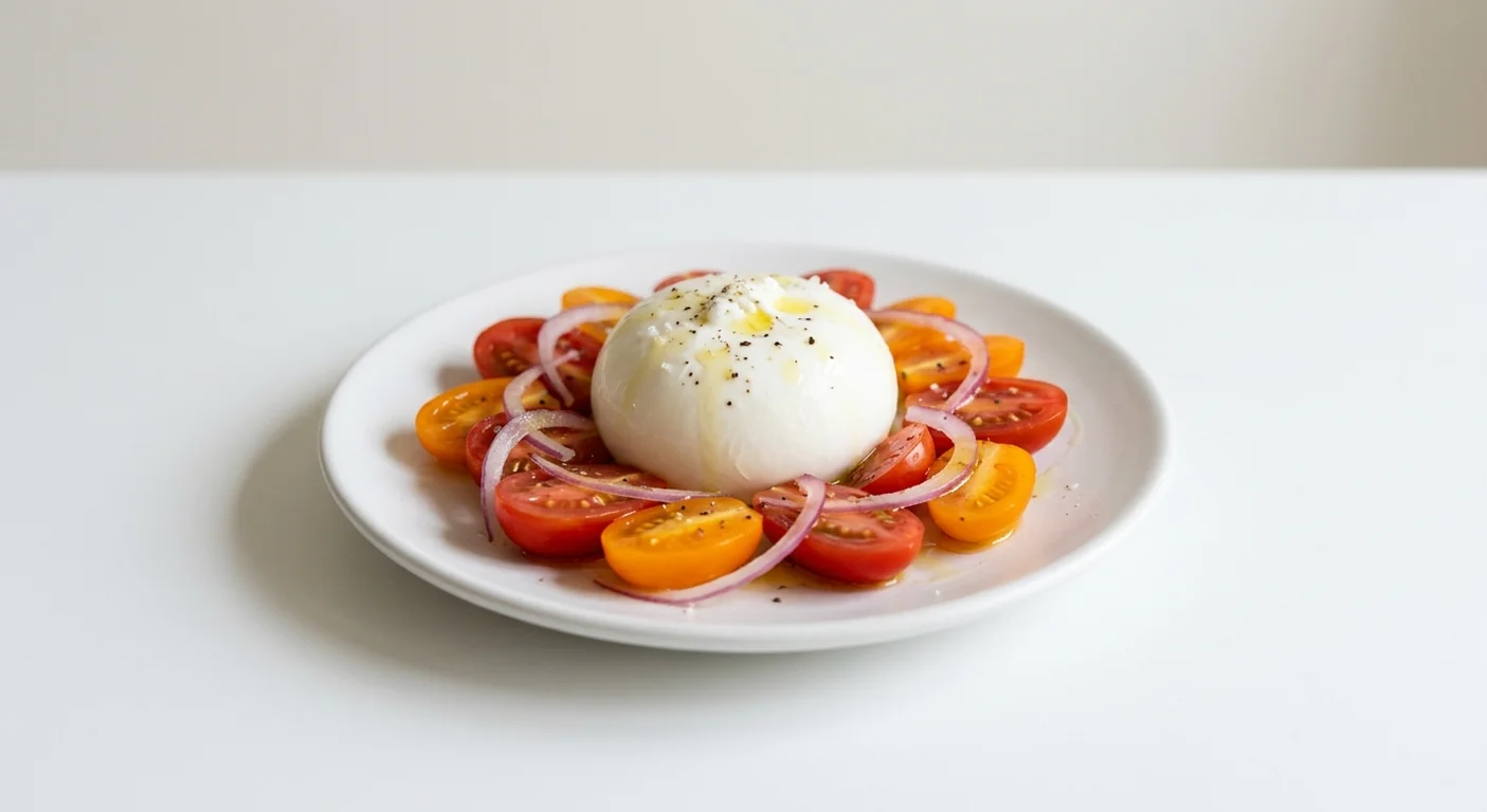 Zizzi Burrata Caprese, whole burrata with red and orange baby plum tomatoes and red onion, nutrition and calories