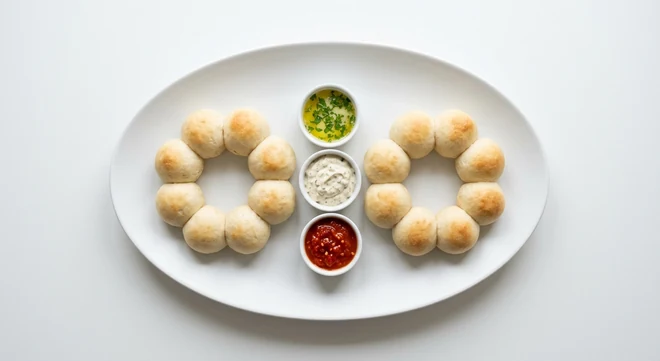Pizza Express Dough Balls Sharer, sixteen dough balls with garlic butter, garlic and herb dip and spicy tomato dip on a white platter, nutrition and calories