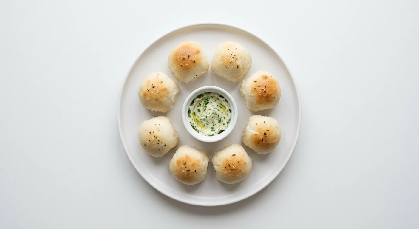 Pizza Express Vegan Dough Balls, eight dough balls around a pot of vegan garlic and parsley spread on a white plate, nutrition and calories