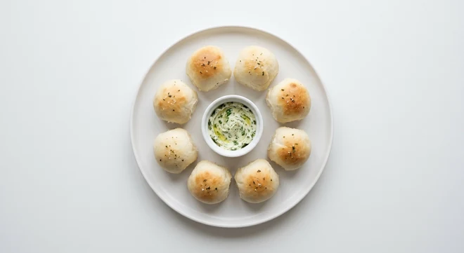 Pizza Express Vegan Dough Balls, eight dough balls around a pot of vegan garlic and parsley spread on a white plate, nutrition and calories