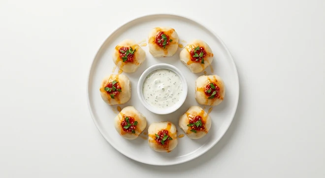 Pizza Express Dynamite Dough Balls, eight dough balls with Calabrian chilli salsa and hot honey around a garlic and herb dip, nutrition and calories