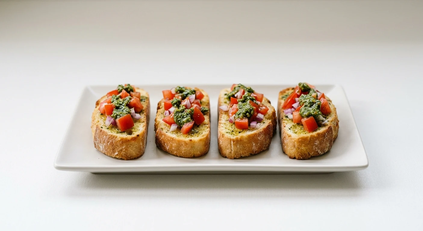 Pizza Express Bruschetta Originale, four slices of baked dough with garlic butter, tomato, red onion and pesto on a white plate, nutrition and calories