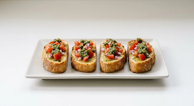 Pizza Express Bruschetta Originale, four slices of baked dough with garlic butter, tomato, red onion and pesto on a white plate, nutrition and calories