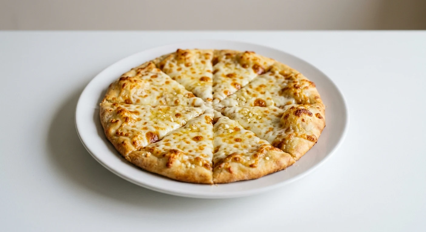 Pizza Express Garlic Bread with Mozzarella, round flatbread with garlic butter and melted mozzarella cut into wedges on a white plate, nutrition and calories