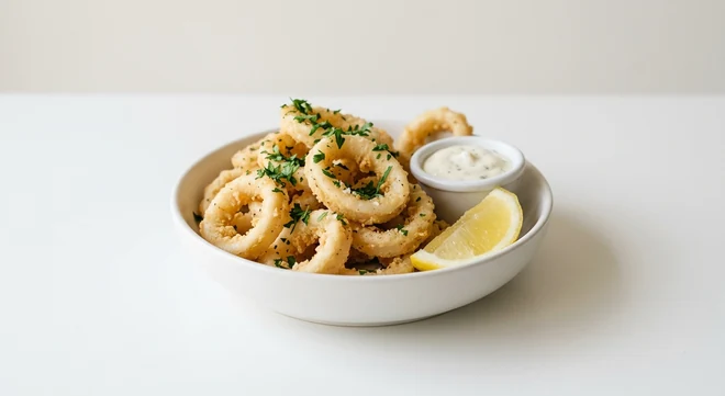 Pizza Express Calamari, lightly crumbed calamari rings with lemon, parsley and garlic and herb dip in a white bowl, nutrition and calories