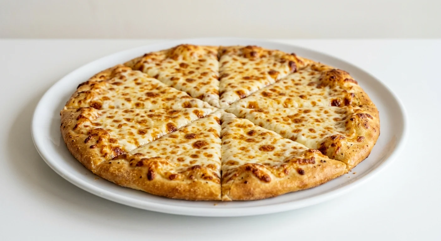 Pizza Express Garlic Bread with Mozzarella Sharer, large round flatbread with garlic butter and melted mozzarella cut into wedges on a white platter, nutrition and calories