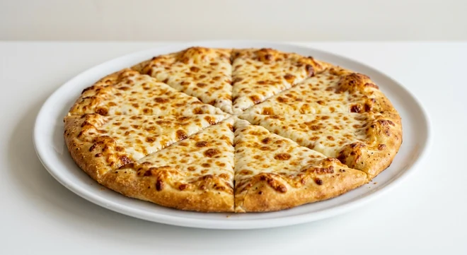 Pizza Express Garlic Bread with Mozzarella Sharer, large round flatbread with garlic butter and melted mozzarella cut into wedges on a white platter, nutrition and calories