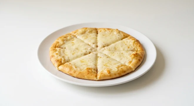 Pizza Express Garlic Bread with Vegan Mozzarella Alternative, round flatbread with garlic and vegan mozzarella alternative cut into wedges on a white plate, nutrition and calories