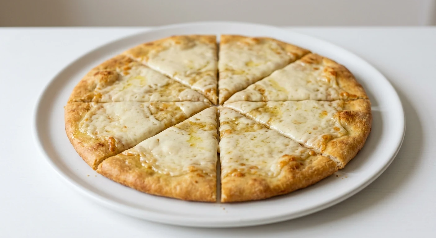 Pizza Express Garlic Bread with Vegan Mozzarella Alternative Sharer, large round flatbread with garlic and vegan mozzarella alternative cut into wedges on a white platter, nutrition and calories