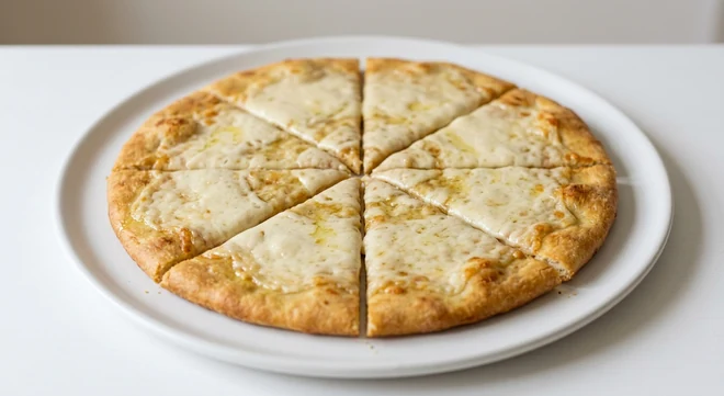 Pizza Express Garlic Bread with Vegan Mozzarella Alternative Sharer, large round flatbread with garlic and vegan mozzarella alternative cut into wedges on a white platter, nutrition and calories