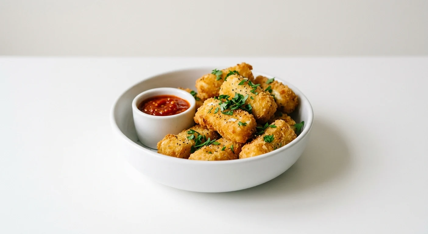 Pizza Express Halloumi Bites, crispy coated halloumi bites with parsley and spicy tomato dip in a white bowl, nutrition and calories