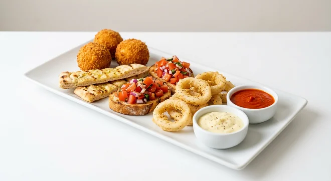 Zizzi Favourites Board, sharing platter of mozzarella arancini, garlic bread, tomato bruschetta and calamari with aioli and Calabrese dip, nutrition and calories