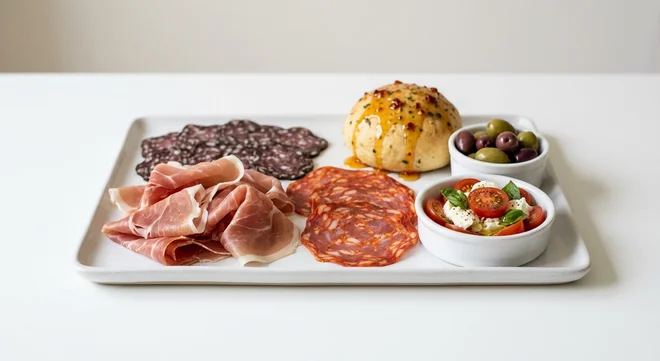 Zizzi Grande Antipasto, sharing platter of prosciutto, truffle salami, spianata salami, garlic bombe with hot honey, olives and tomato mozzarella salad, nutrition and calories