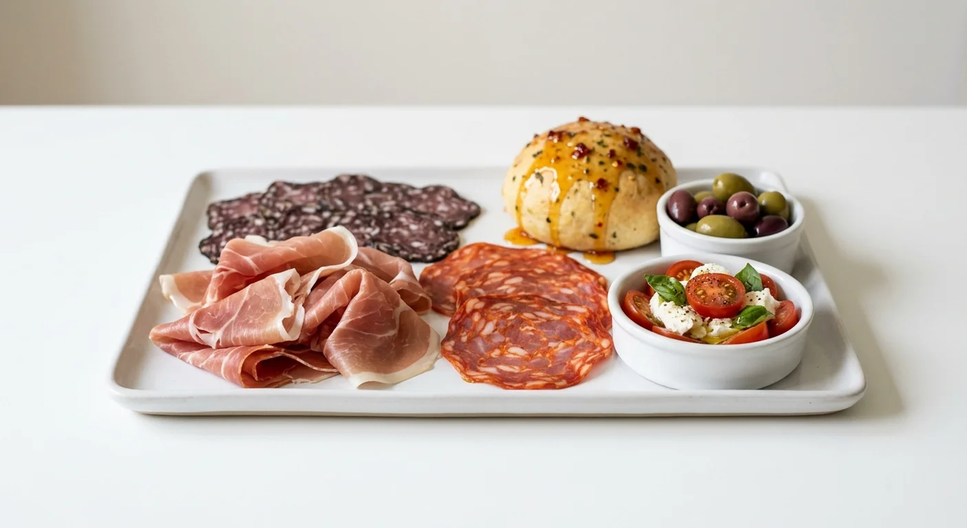 Zizzi Grande Antipasto, sharing platter of prosciutto, truffle salami, spianata salami, garlic bombe with hot honey, olives and tomato mozzarella salad, nutrition and calories