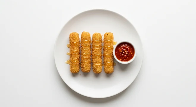 Pizza Express Mozzarella Sticks, four breadcrumbed mozzarella sticks with hot honey and a spicy tomato dip on a white plate, nutrition and calories