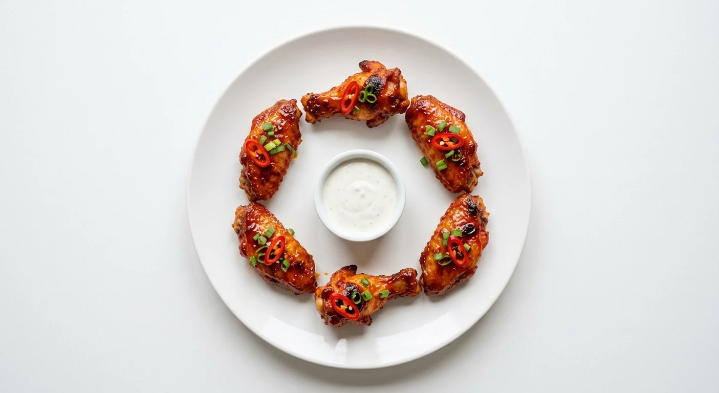 Pizza Express Firecracker Chicken Wings, six chicken wings in sticky firecracker sauce with red chilli around a ranch dip, nutrition and calories